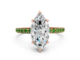 Rose gold Marquise Cut Diamond Solitaire Ring with Round with Peridot side stone Pavé Band and Prong Setting