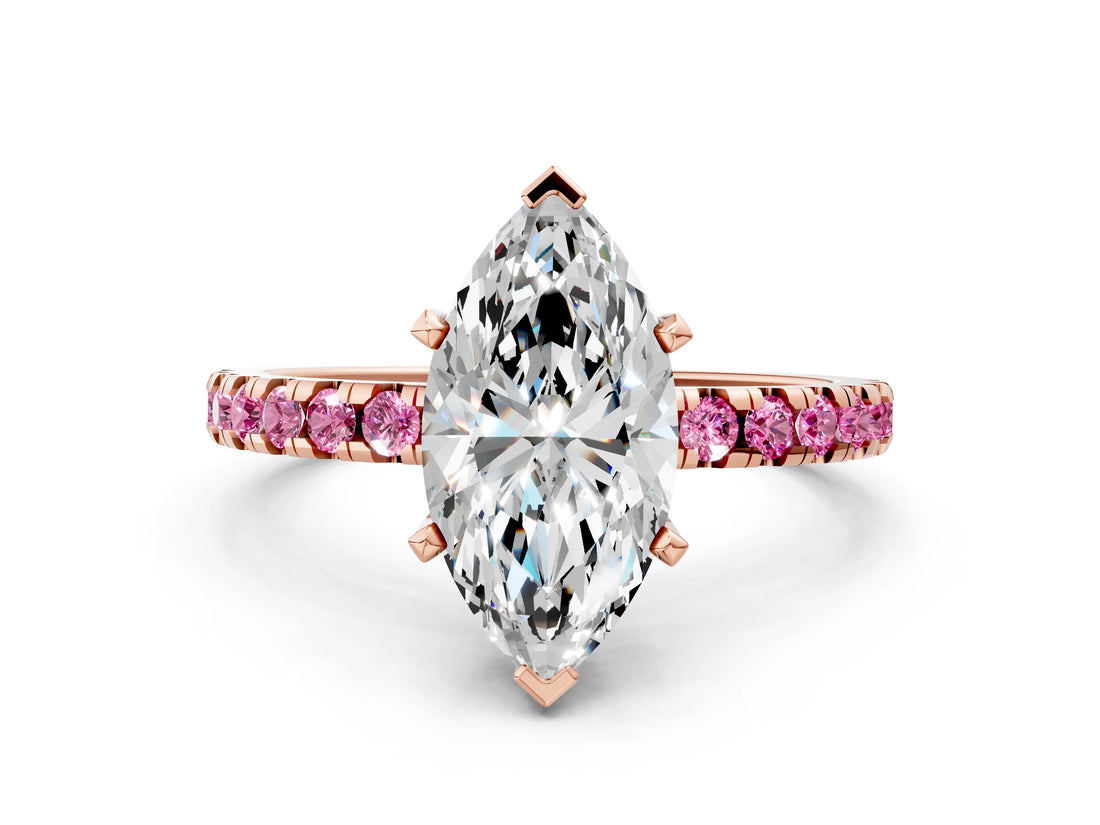 Rose gold Marquise Cut Diamond Solitaire Ring with Round with Pink Sapphire side stone Pavé Band and Four-Prong Setting_36