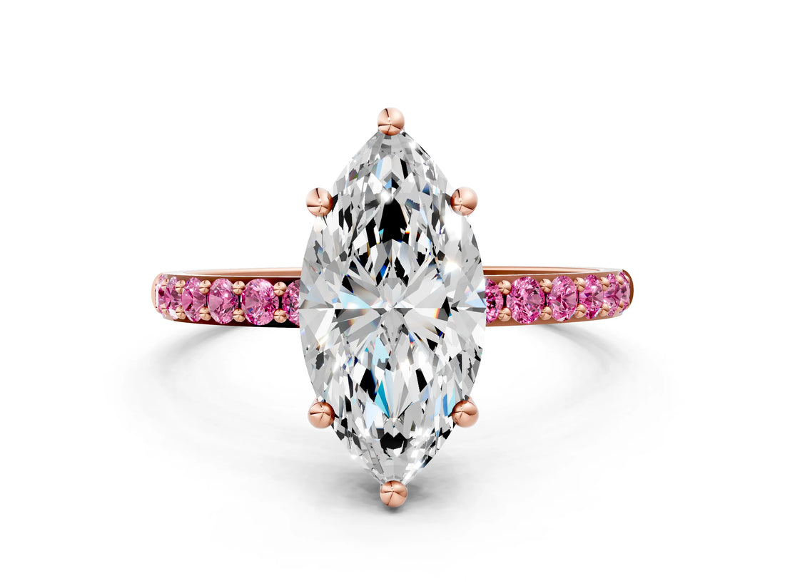 Rose gold Marquise Cut Diamond Solitaire Ring with Round with Pink Sapphire side stone Pavé Band and Prong Setting_12