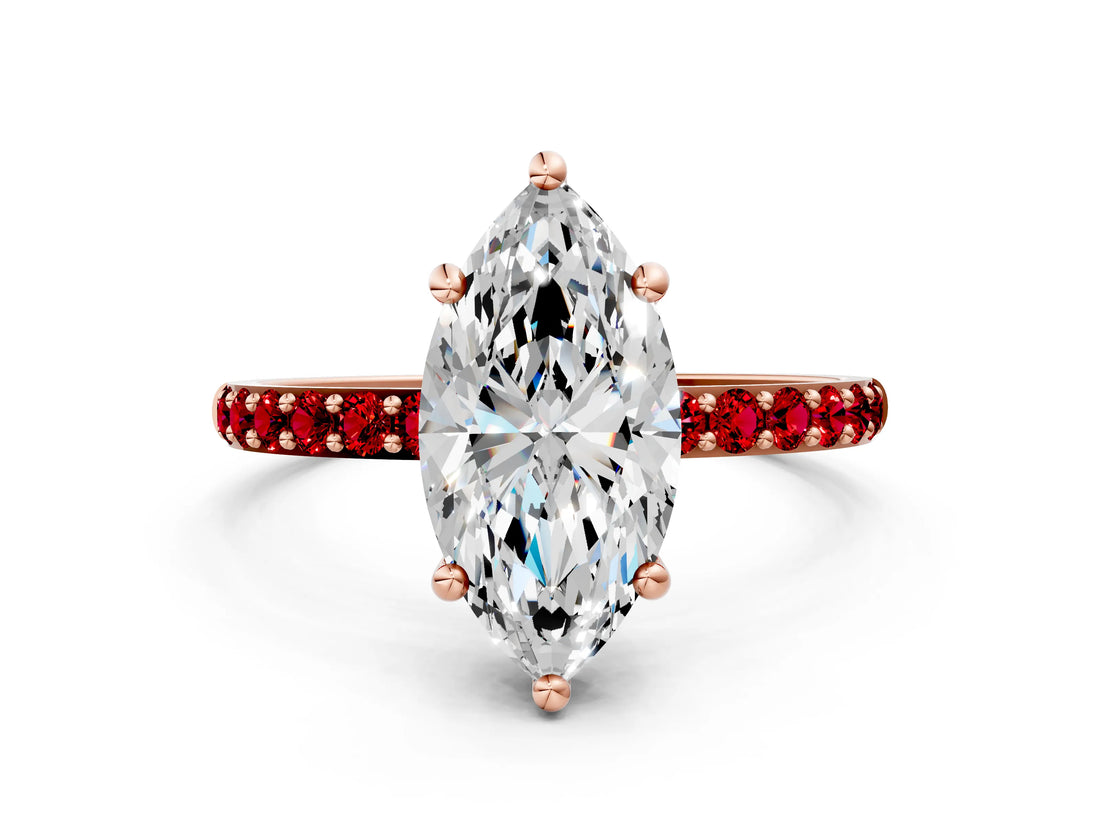 Rose gold Marquise Cut Diamond Solitaire Ring with Round with Ruby side stone Pavé Band and Prong Setting_36