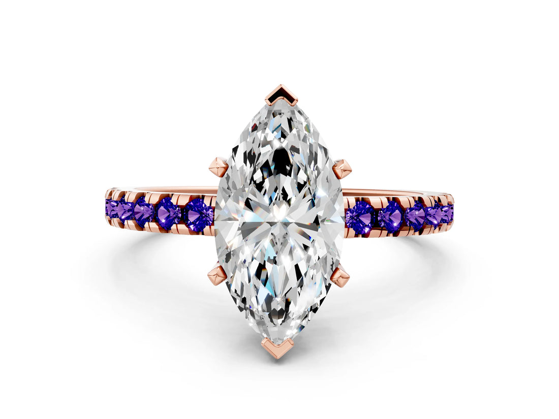 Rose gold Marquise Cut Diamond Solitaire Ring with Round with Tanzanite side stone Pavé Band and Four-Prong Setting_36
