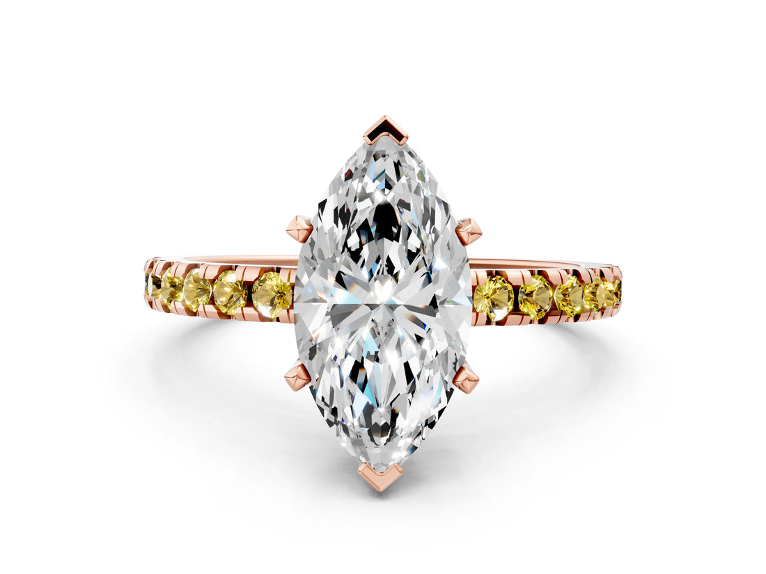 Rose gold Marquise Cut Diamond Solitaire Ring with Round with Yellow Sapphire side stone Pavé Band and Four-Prong Setting_36