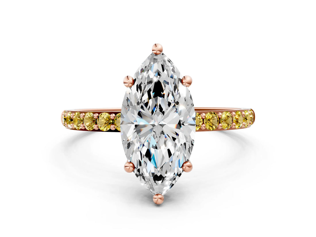 Rose gold Marquise Cut Diamond Solitaire Ring with Round with Yellow Sapphire side stone Pavé Band and Prong Setting_24