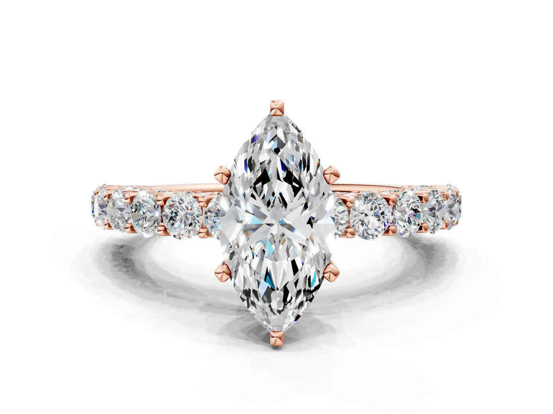 Rose gold Marquise Cut Diamond Solitaire Ring with Shared Prong Pavé Band and Four-Prong Setting_90
