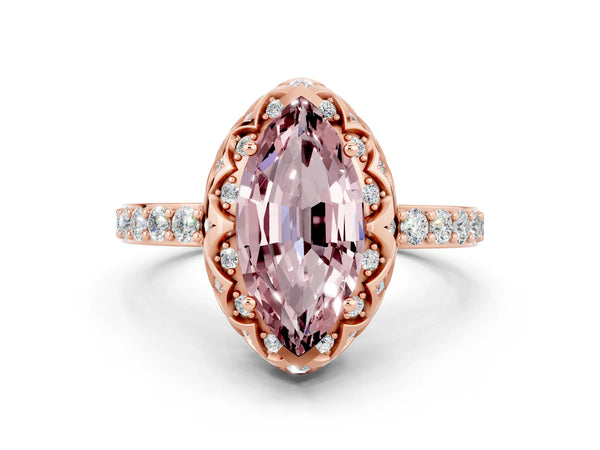 Rose gold Marquise Cut Diamond Solitaire Ring with Shared Prong Pavé Band
