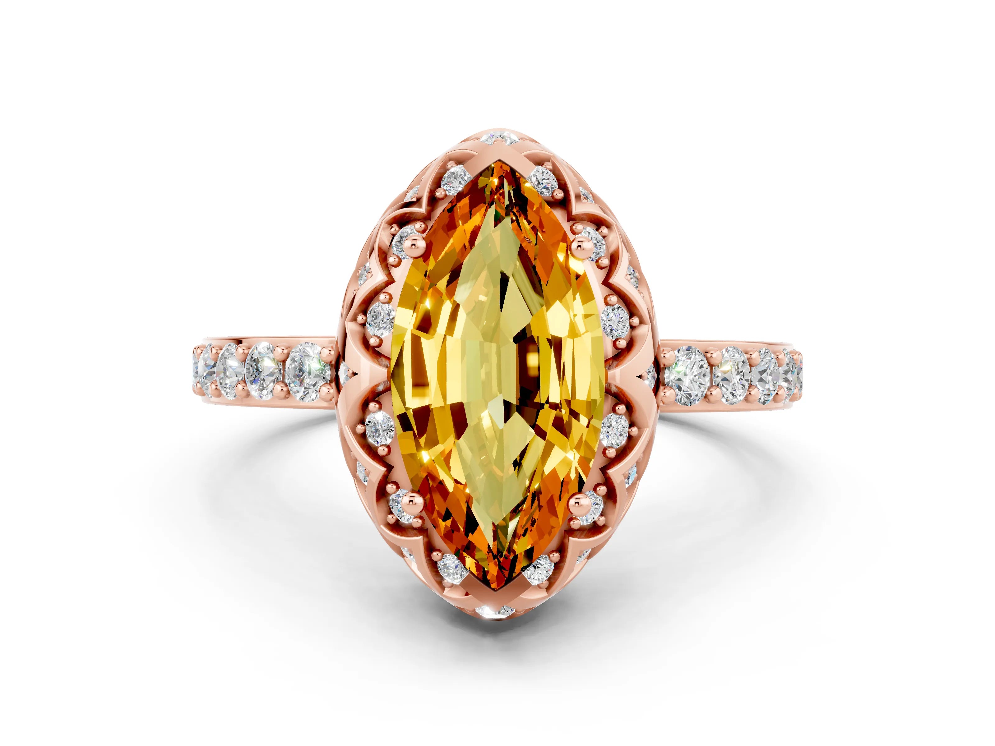 Rose gold Marquise Cut Diamond Solitaire Ring with Shared Prong Pavé Band