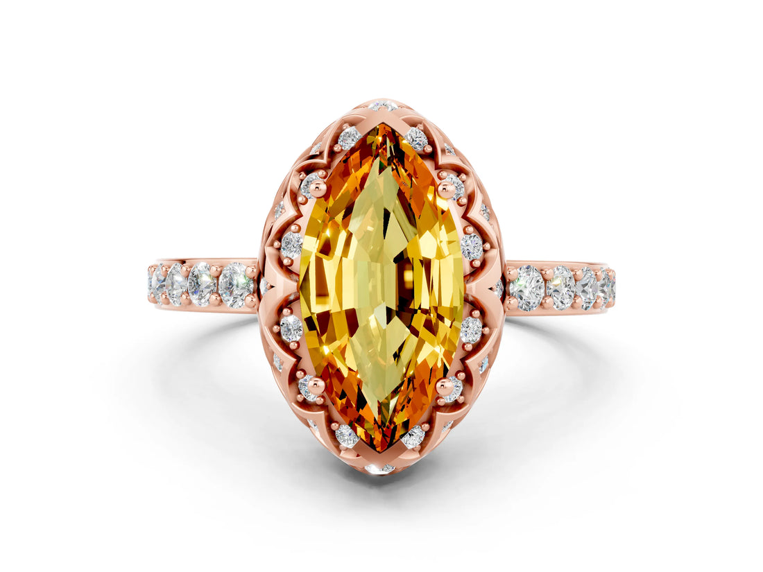 Rose gold Marquise Cut Diamond Solitaire Ring with Shared Prong Pavé Band
