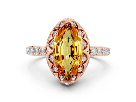 Rose gold Marquise Cut Diamond Solitaire Ring with Shared Prong Pavé Band
