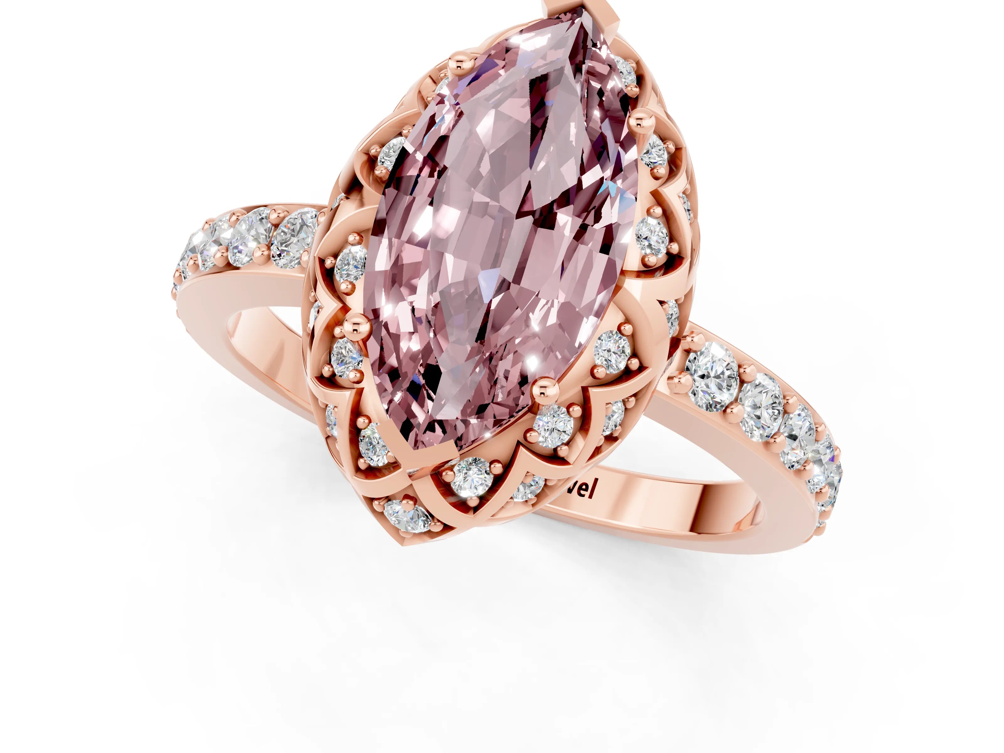 Rose gold Marquise Cut Diamond Solitaire Ring with Shared Prong Pavé Band_1