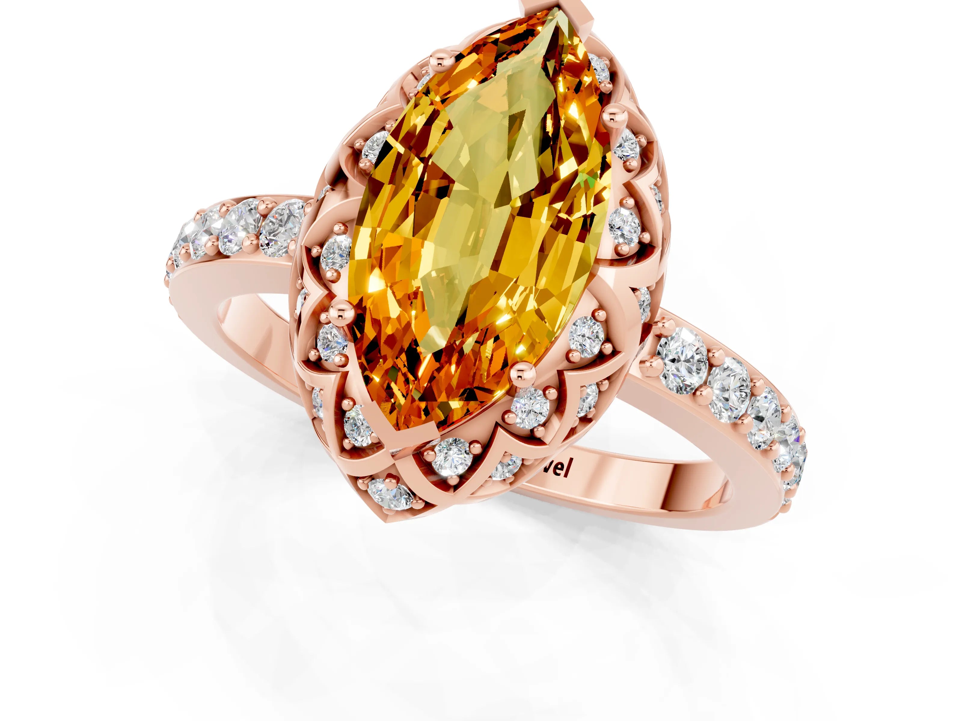 Rose gold Marquise Cut Diamond Solitaire Ring with Shared Prong Pavé Band_1
