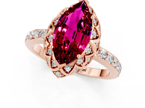 Rose gold Marquise Cut Diamond Solitaire Ring with Shared Prong Pavé Band_1