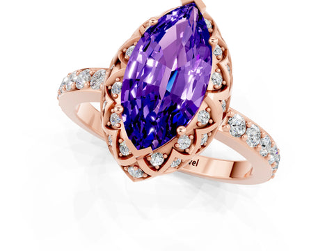 Rose gold Marquise Cut Diamond Solitaire Ring with Shared Prong Pavé Band_1