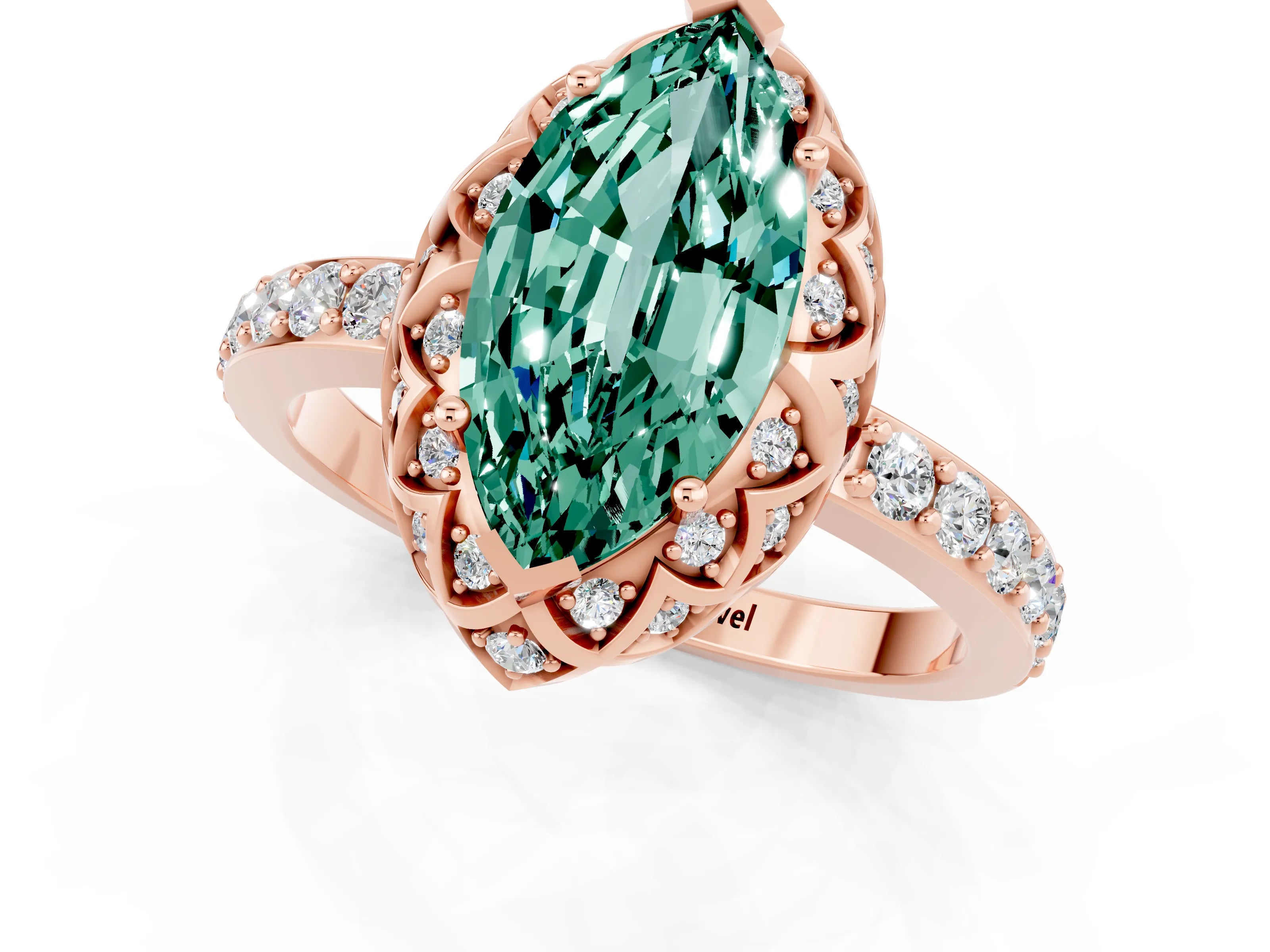 Rose gold Marquise Cut Diamond Solitaire Ring with Shared Prong Pavé Band_1