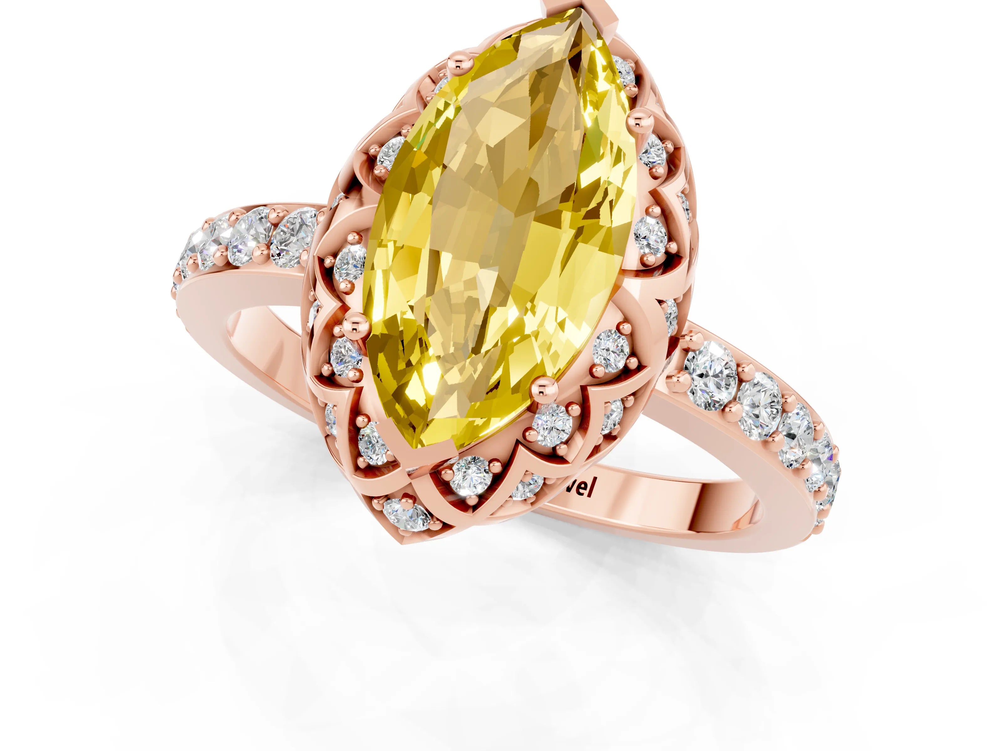 Rose gold Marquise Cut Diamond Solitaire Ring with Shared Prong Pavé Band_1