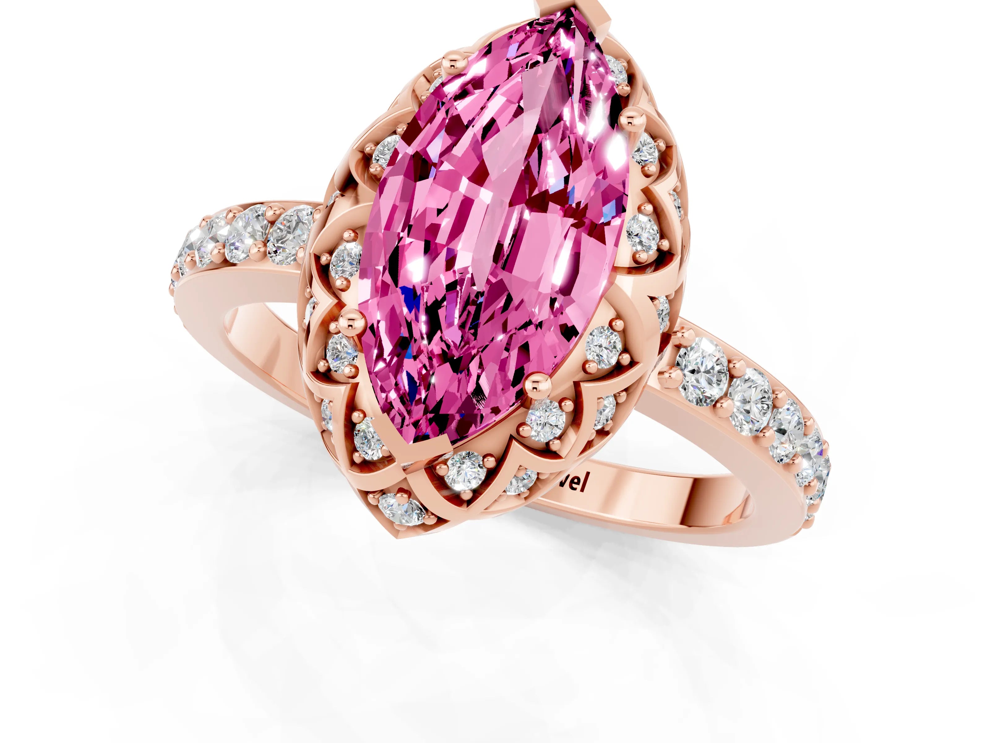 Rose gold Marquise Cut Diamond Solitaire Ring with Shared Prong Pavé Band_1