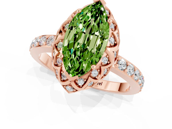 Rose gold Marquise Cut Diamond Solitaire Ring with Shared Prong Pavé Band