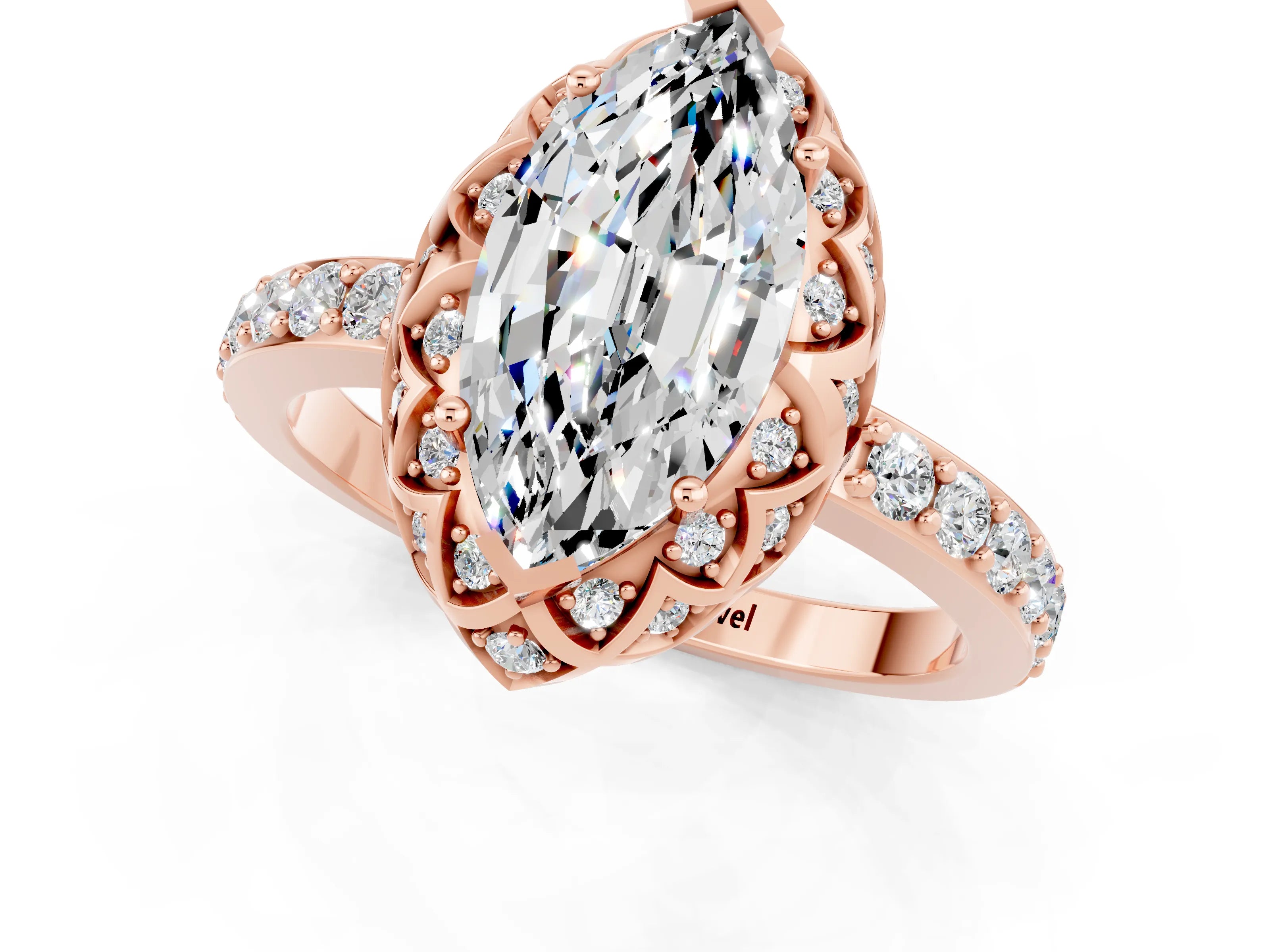 Rose gold Marquise Cut Diamond Solitaire Ring with Shared Prong Pavé Band_1