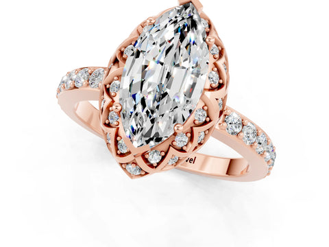 Rose gold Marquise Cut Diamond Solitaire Ring with Shared Prong Pavé Band_1