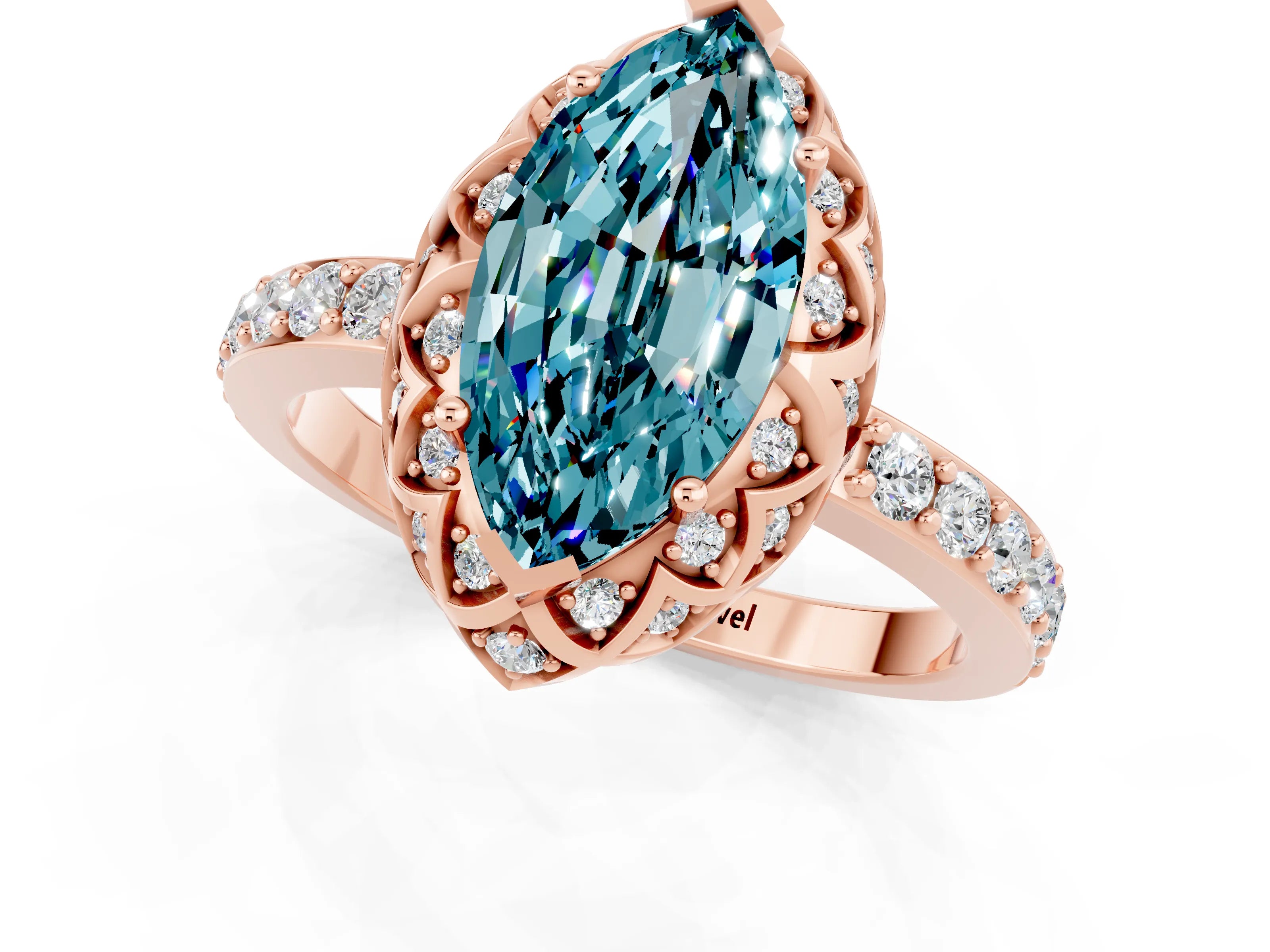 Rose gold Marquise Cut Diamond Solitaire Ring with Shared Prong Pavé Band_1