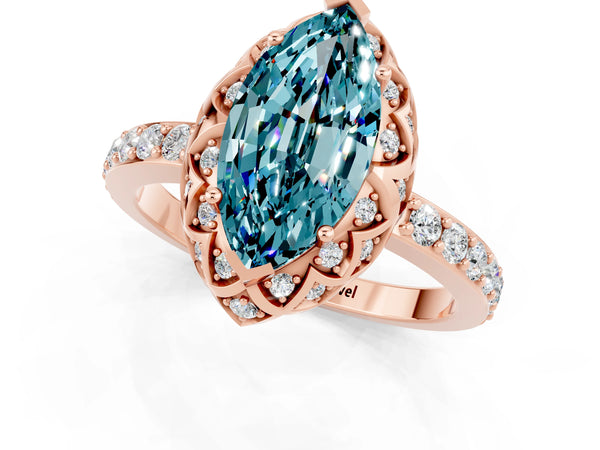 Rose gold Marquise Cut Diamond Solitaire Ring with Shared Prong Pavé Band
