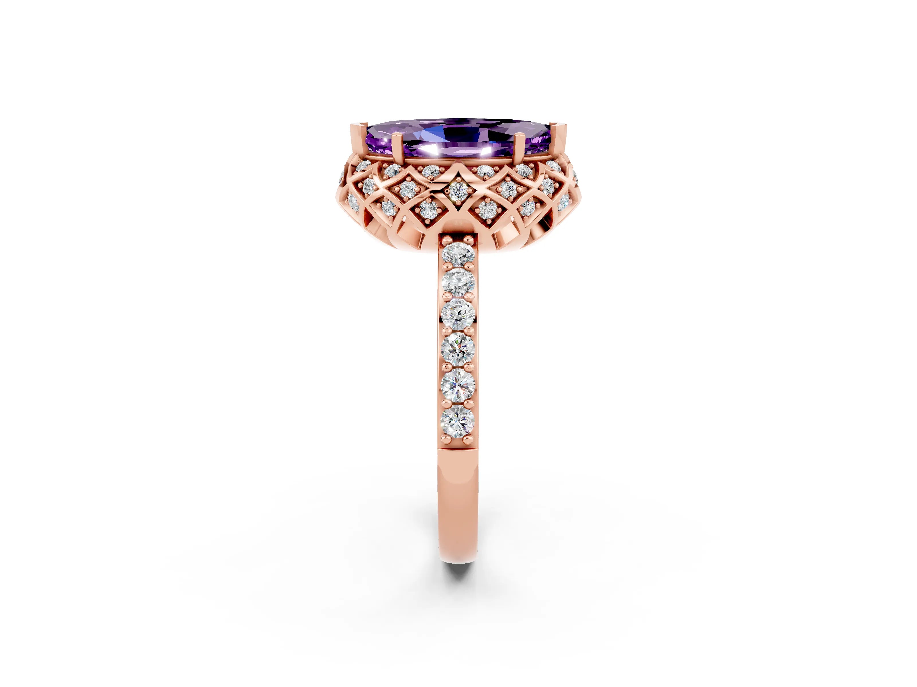 Rose gold Marquise Cut Diamond Solitaire Ring with Shared Prong Pavé Band_2