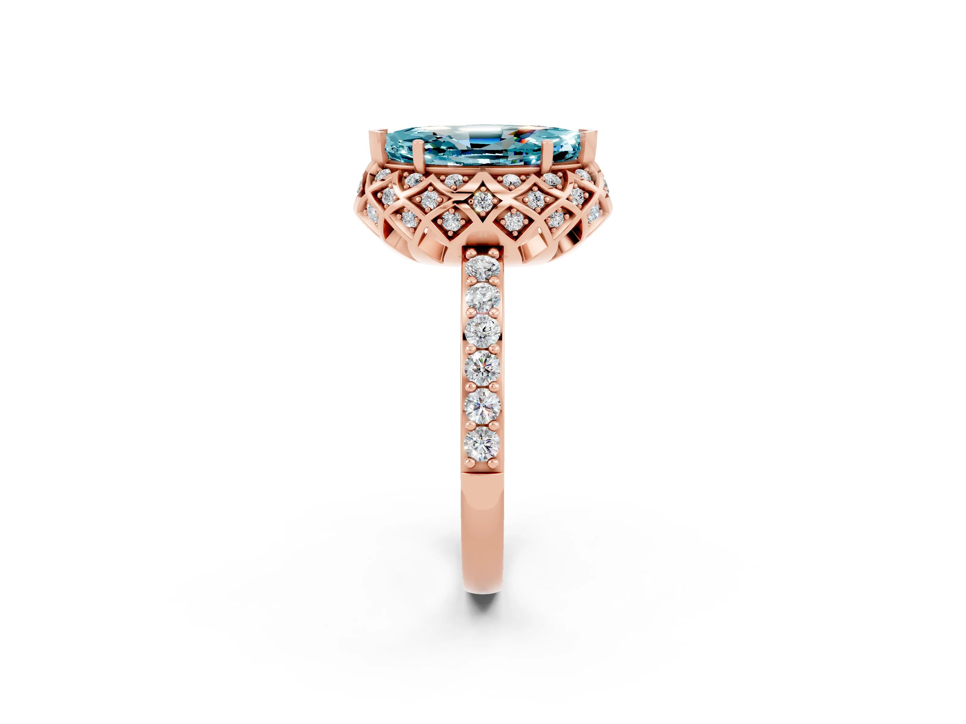 Rose gold Marquise Cut Diamond Solitaire Ring with Shared Prong Pavé Band_2