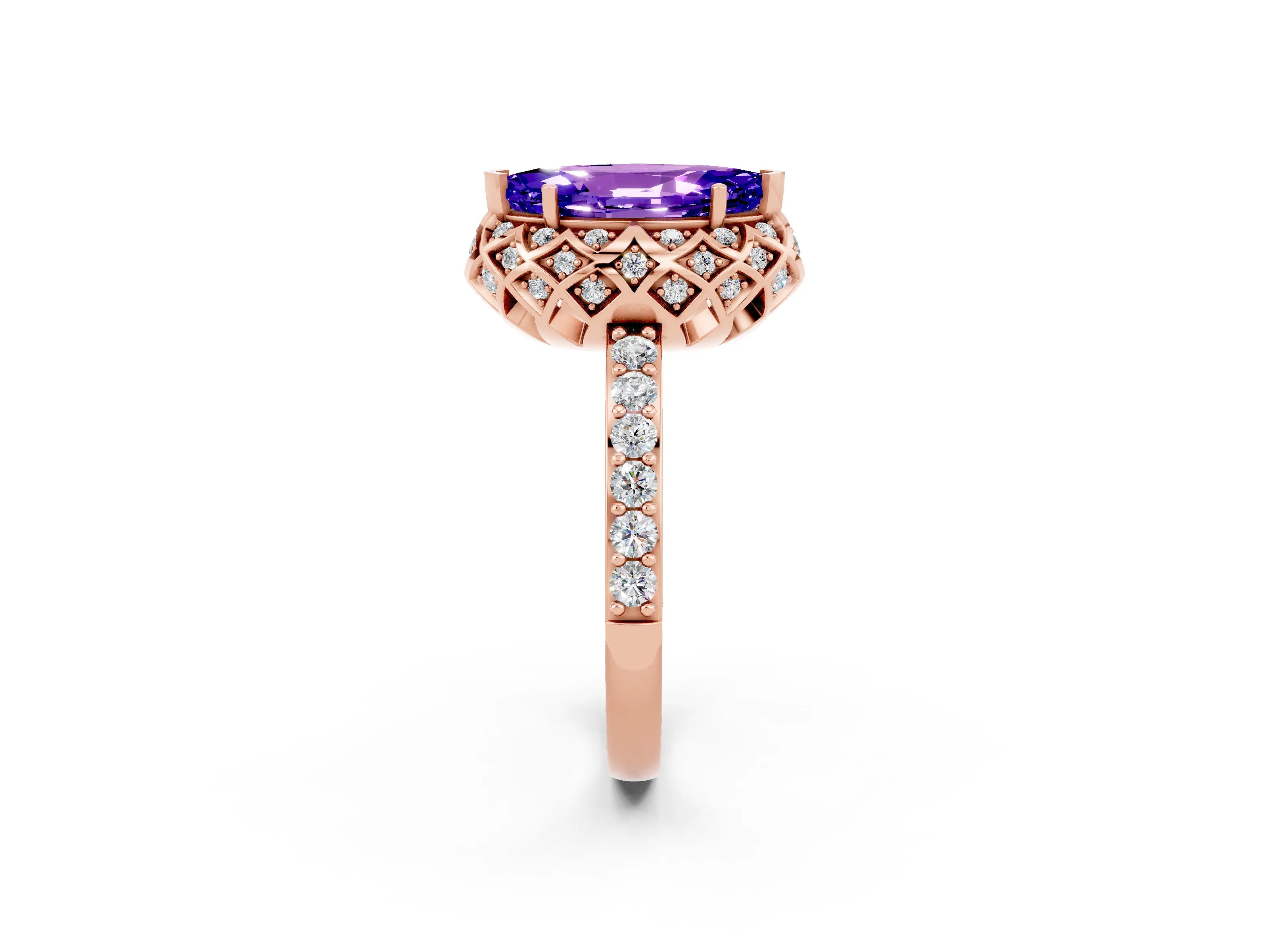 Rose gold Marquise Cut Diamond Solitaire Ring with Shared Prong Pavé Band_2