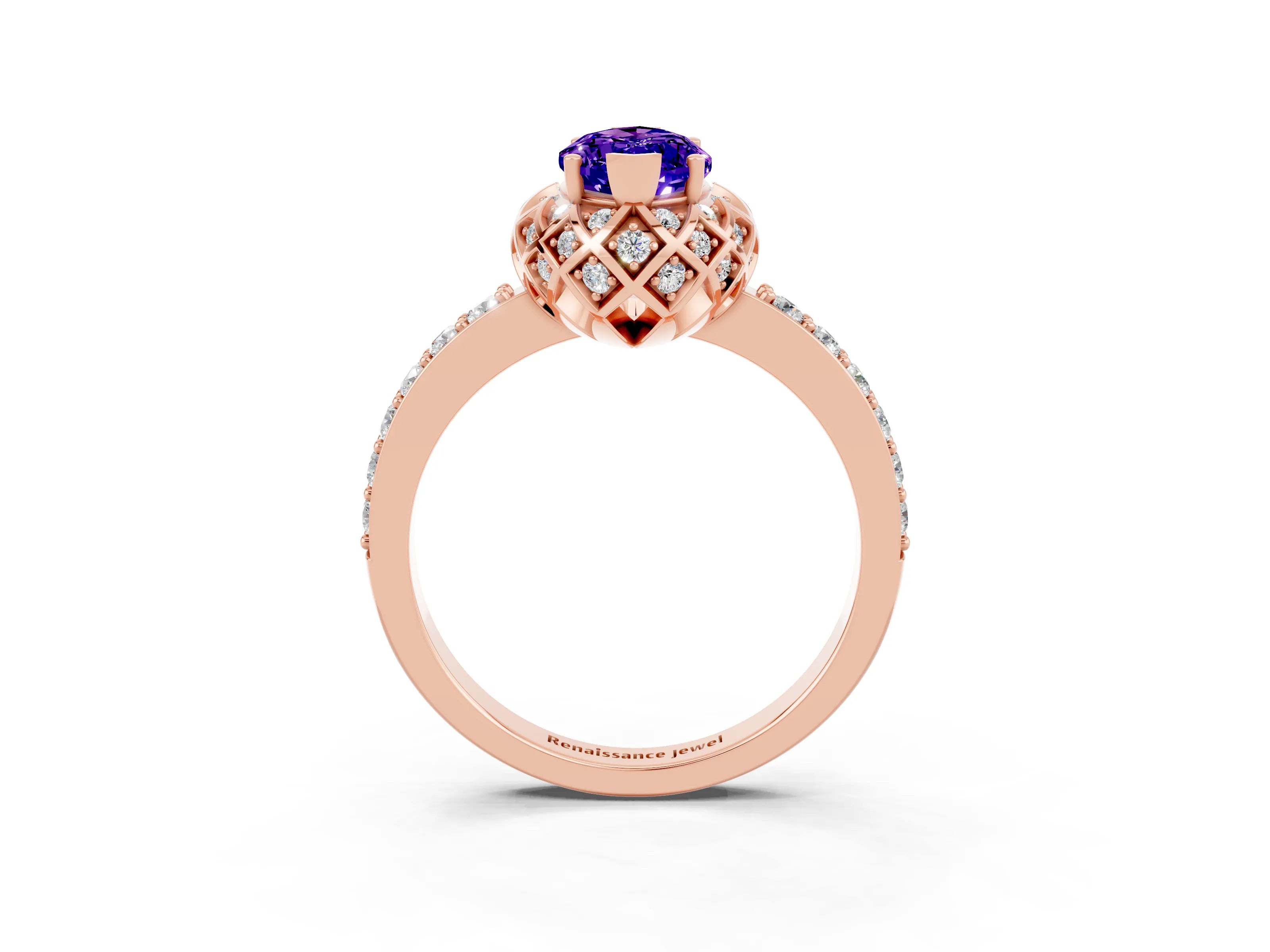 Rose gold Marquise Cut Diamond Solitaire Ring with Shared Prong Pavé Band_3