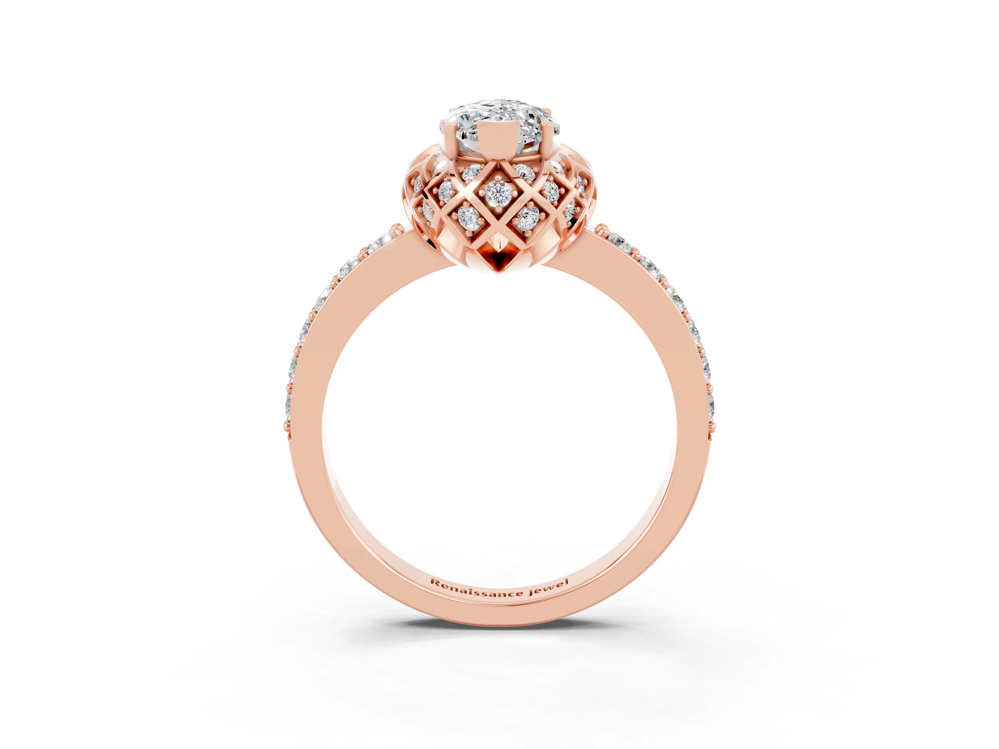 Rose gold Marquise Cut Diamond Solitaire Ring with Shared Prong Pavé Band_3