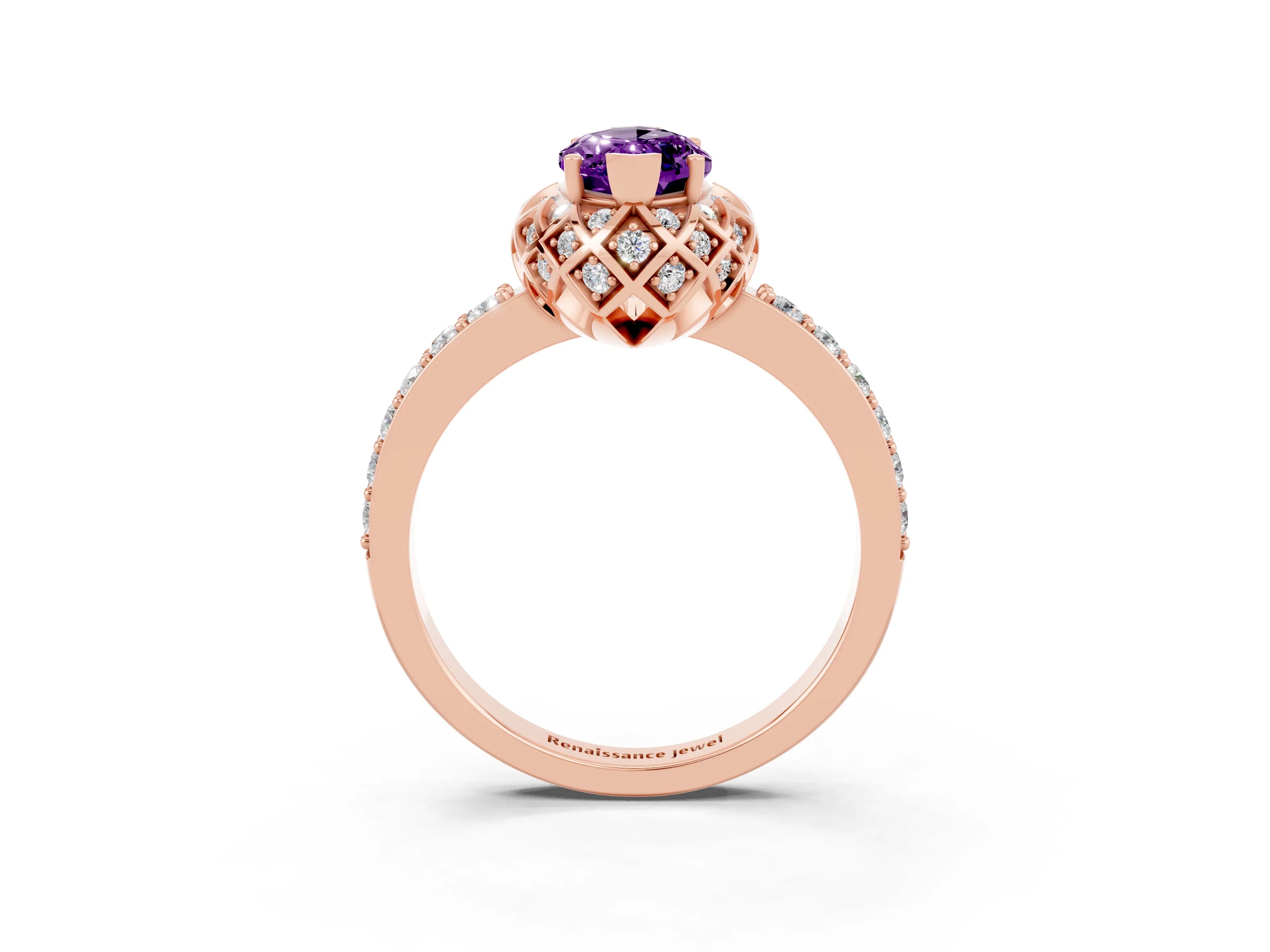 Rose gold Marquise Cut Diamond Solitaire Ring with Shared Prong Pavé Band_3