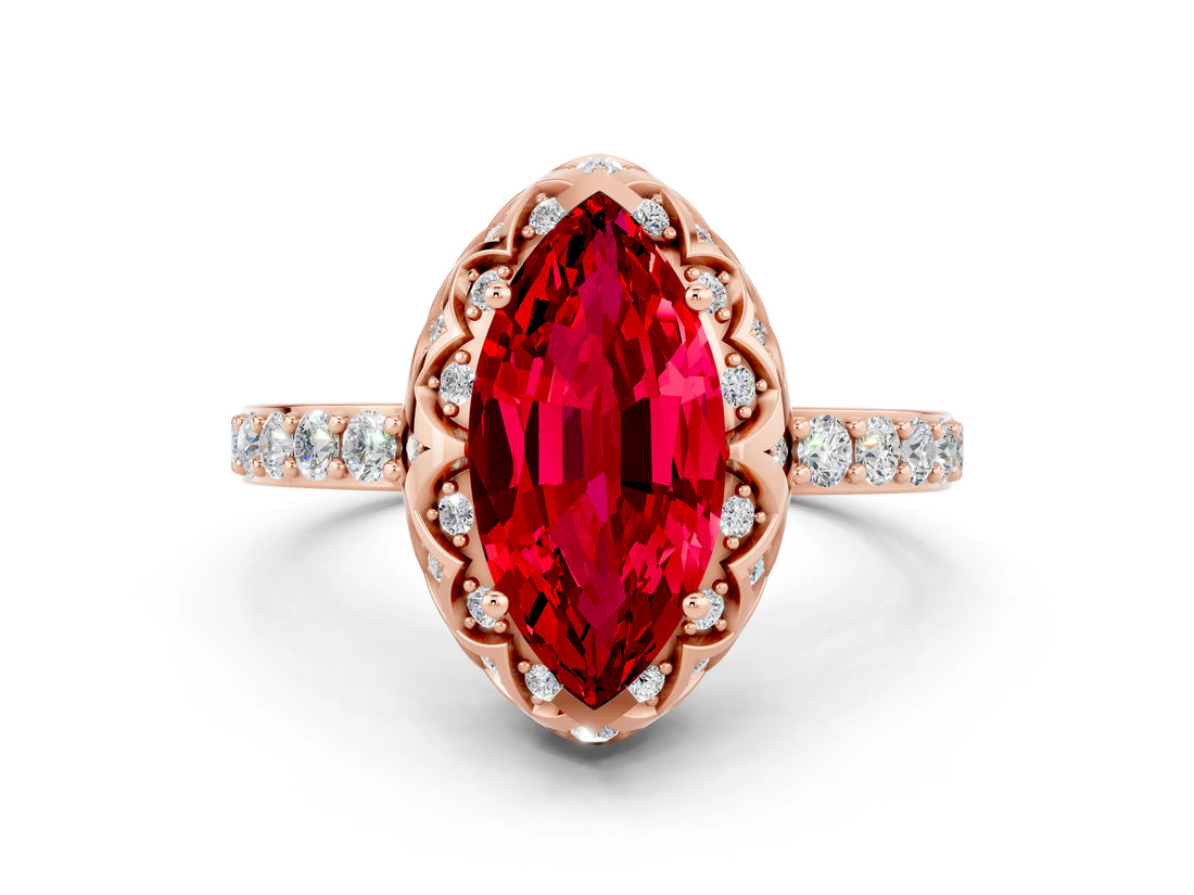 Rose gold Marquise Cut Diamond Solitaire Ring with Shared Prong Pavé Band