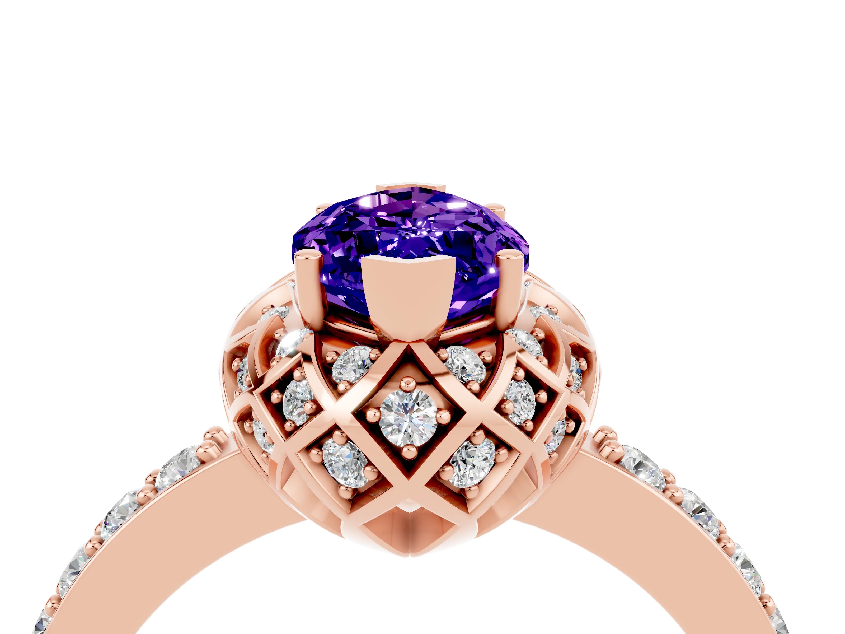 Rose gold Marquise Cut Diamond Solitaire Ring with Shared Prong Pavé Band_4