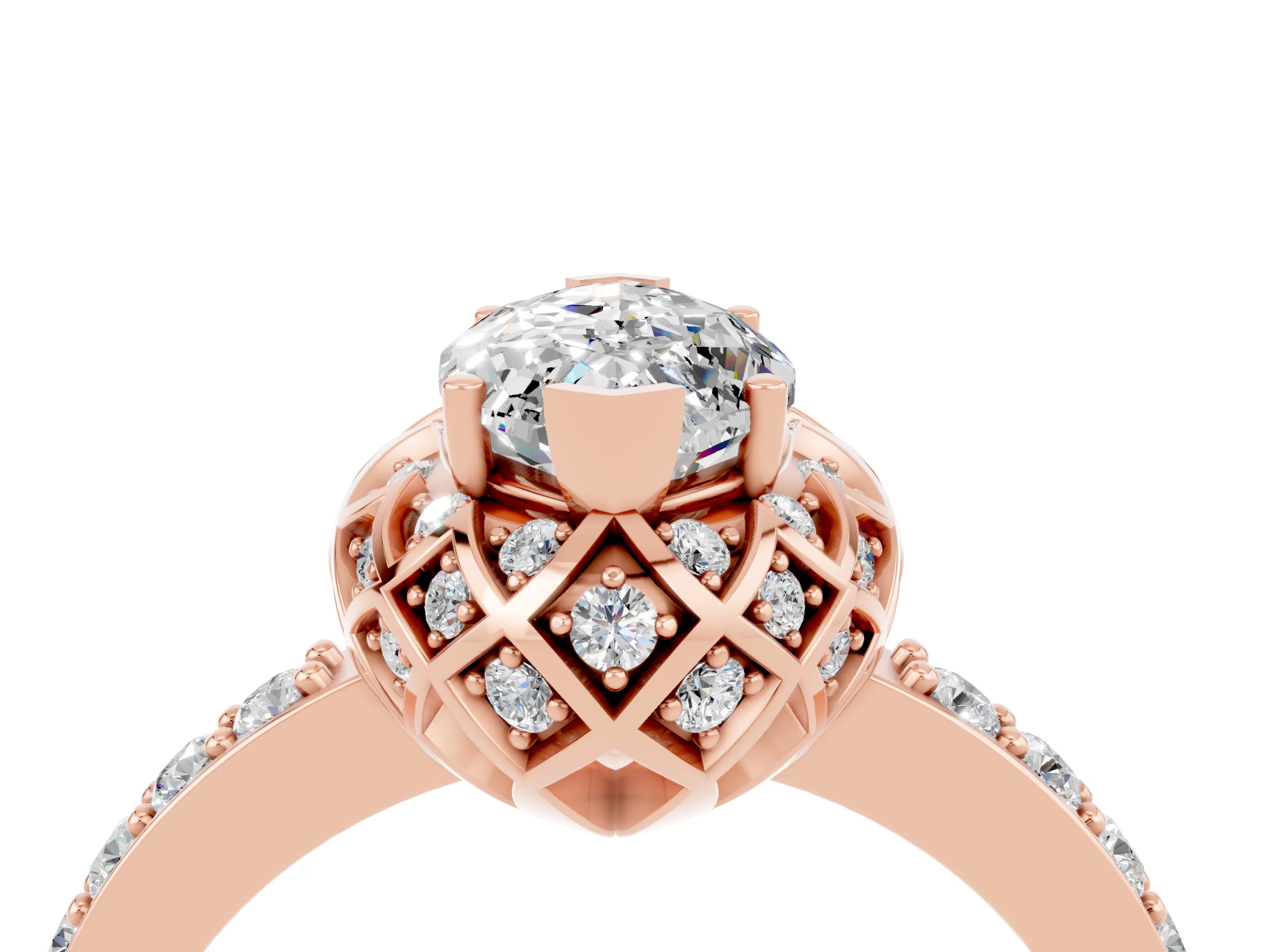 Rose gold Marquise Cut Diamond Solitaire Ring with Shared Prong Pavé Band_4