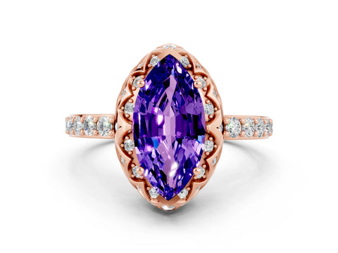 Rose gold Marquise Cut Diamond Solitaire Ring with Shared Prong Pavé Band