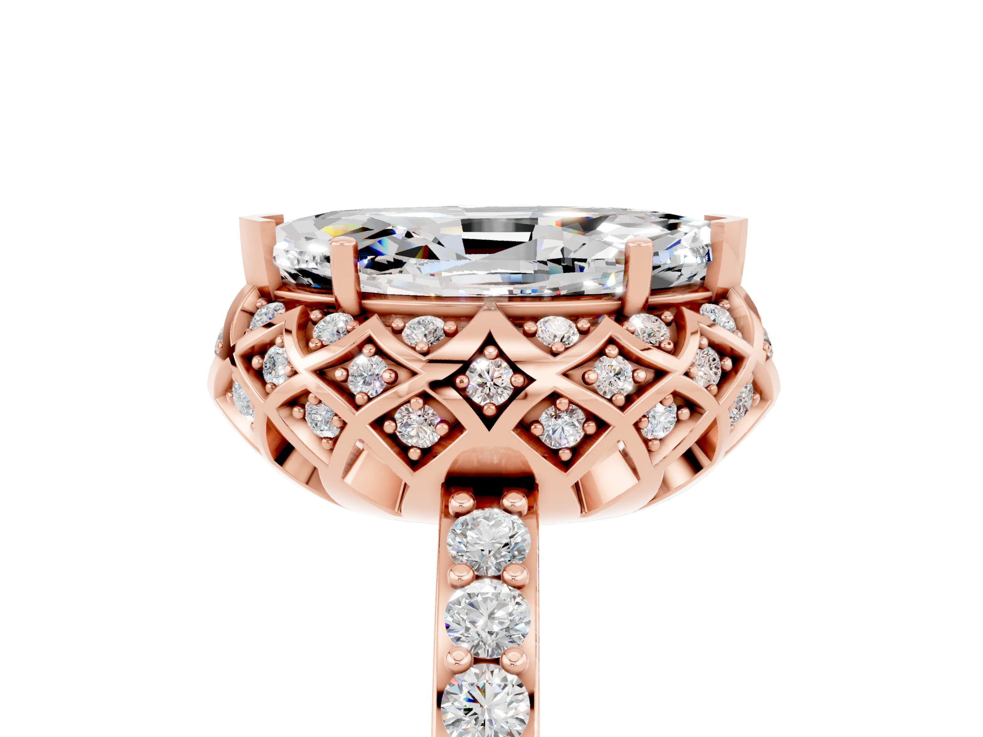 Rose gold Marquise Cut Diamond Solitaire Ring with Shared Prong Pavé Band_5