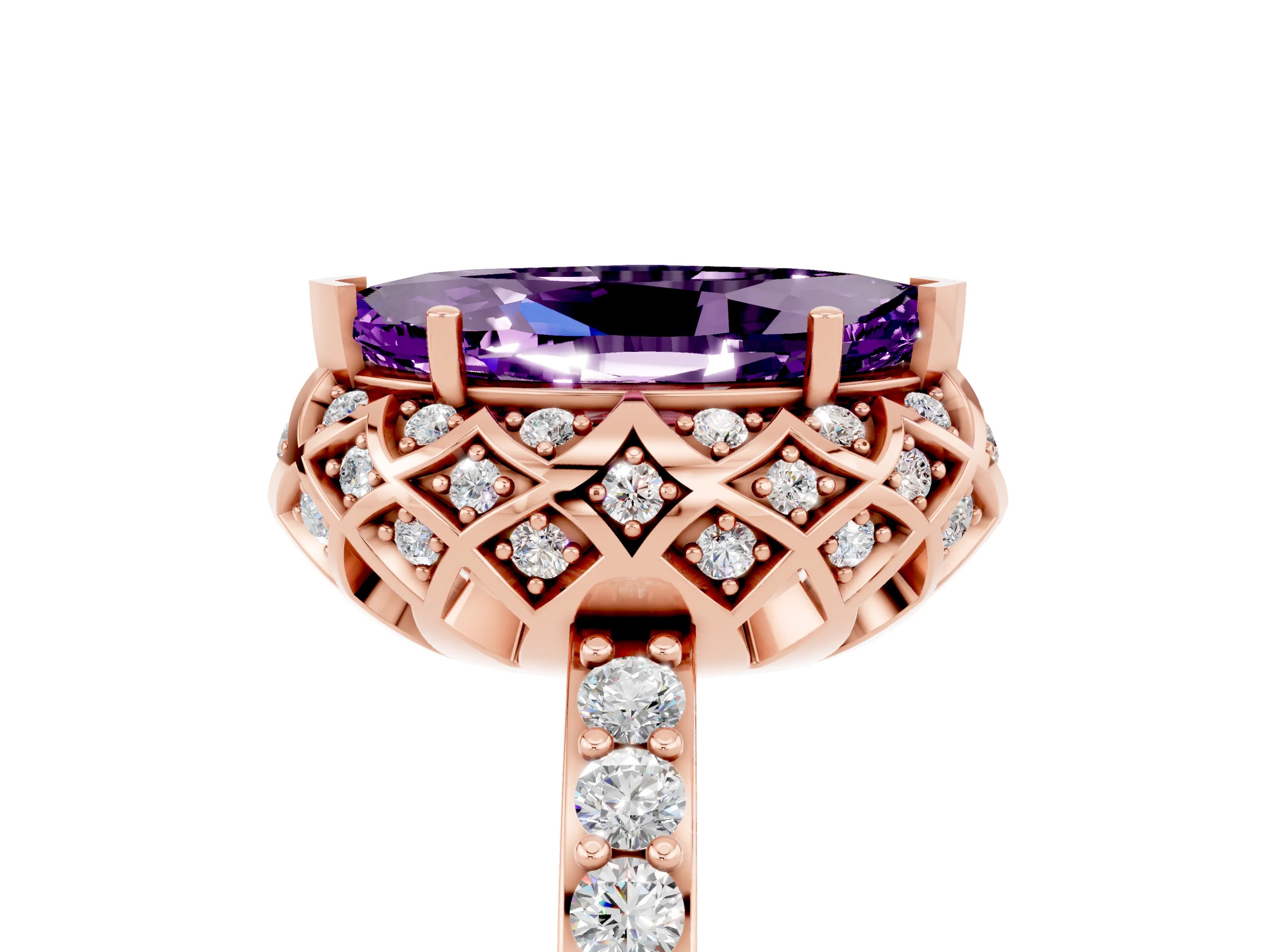 Rose gold Marquise Cut Diamond Solitaire Ring with Shared Prong Pavé Band_5