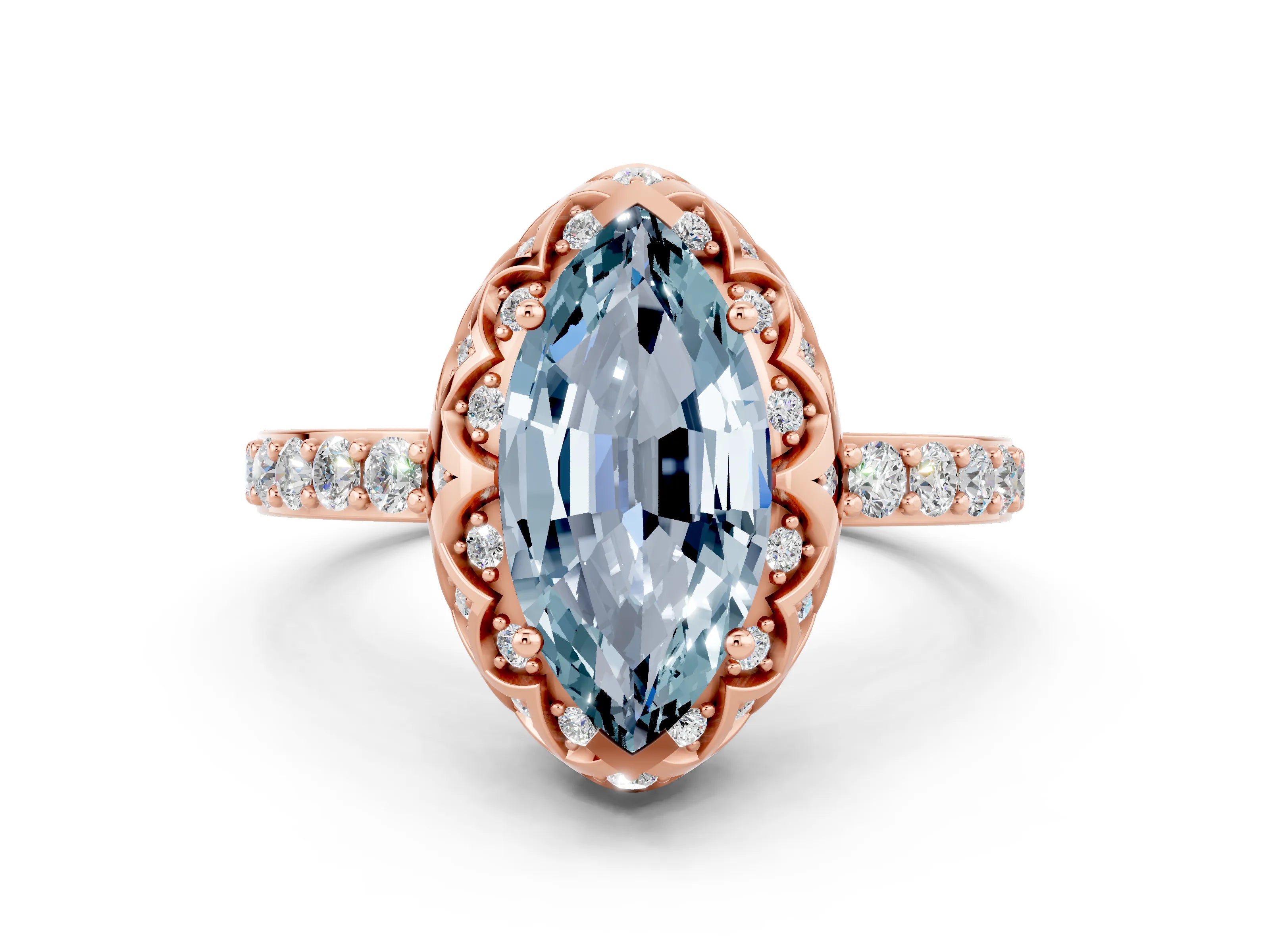 Rose gold Marquise Cut Diamond Solitaire Ring with Shared Prong Pavé Band