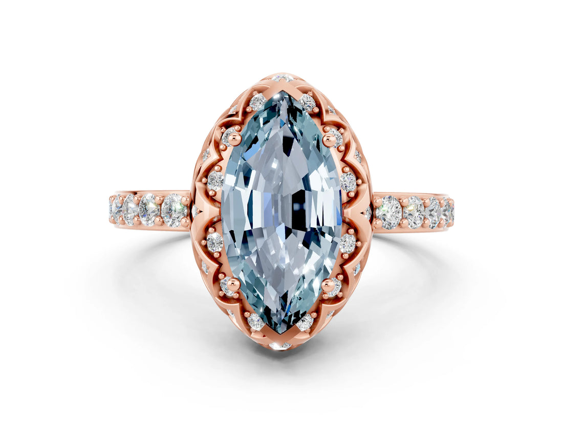 Rose gold Marquise Cut Diamond Solitaire Ring with Shared Prong Pavé Band