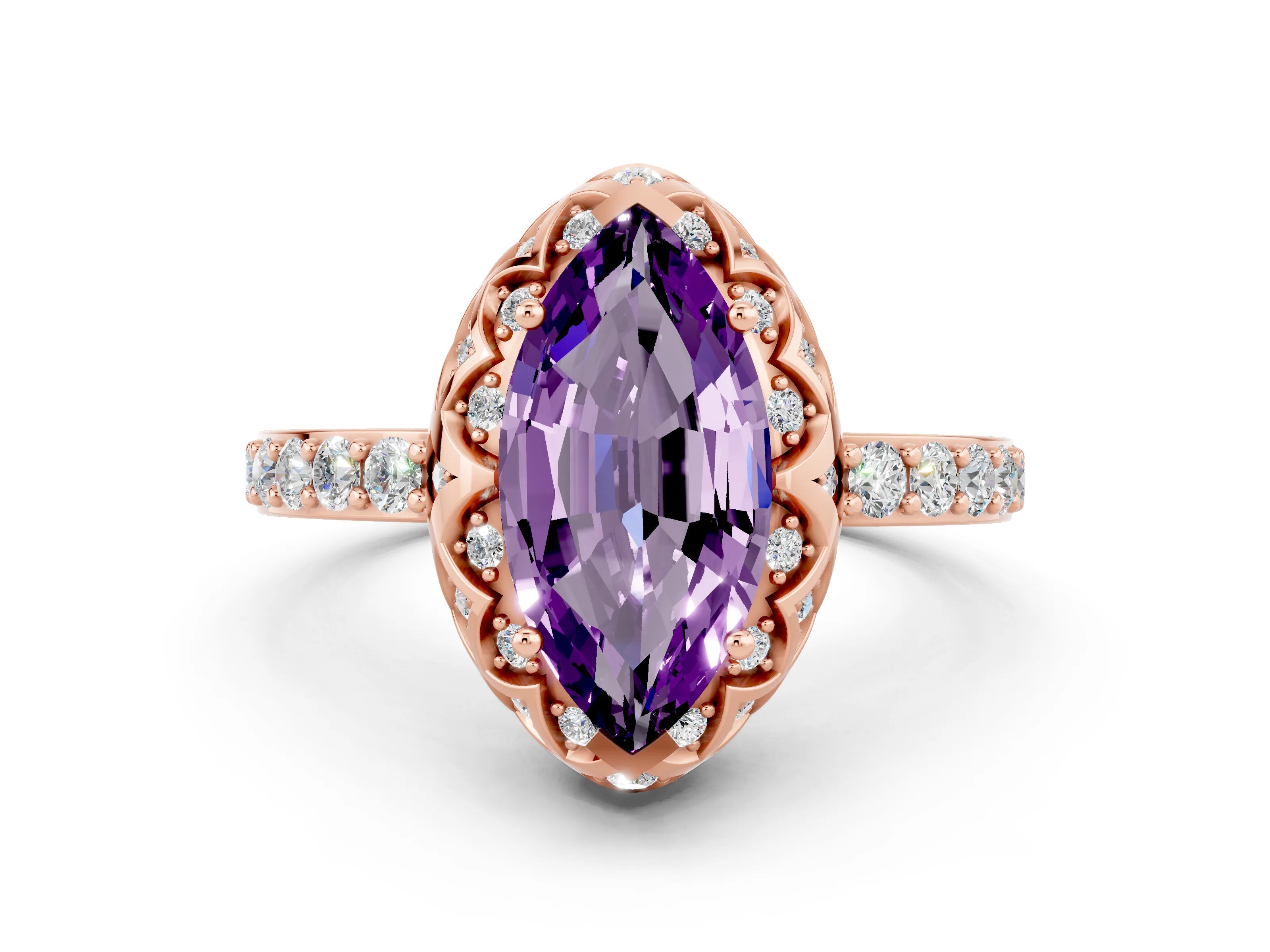 Rose gold Marquise Cut Diamond Solitaire Ring with Shared Prong Pavé Band