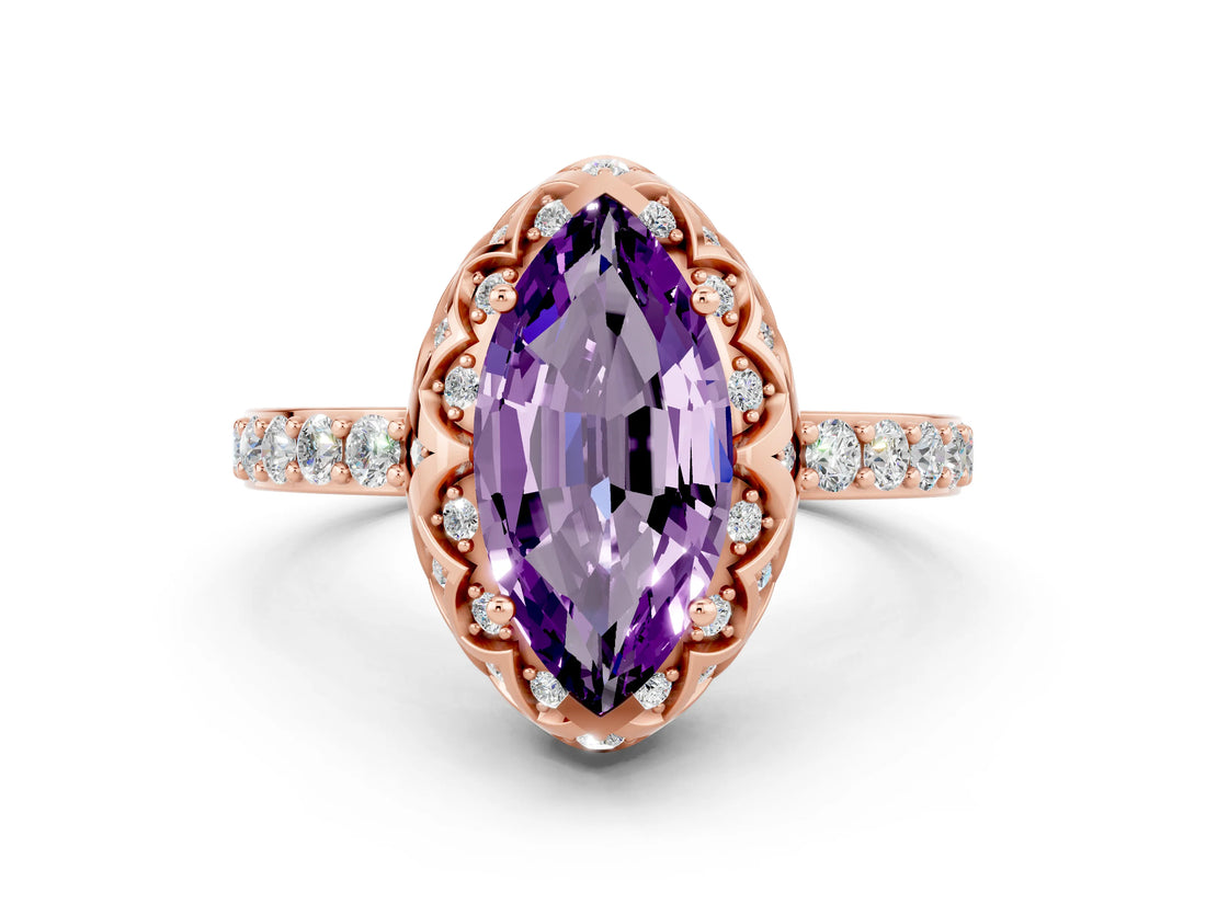 Rose gold Marquise Cut Diamond Solitaire Ring with Shared Prong Pavé Band