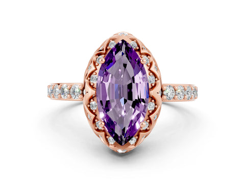 Rose gold Marquise Cut Diamond Solitaire Ring with Shared Prong Pavé Band