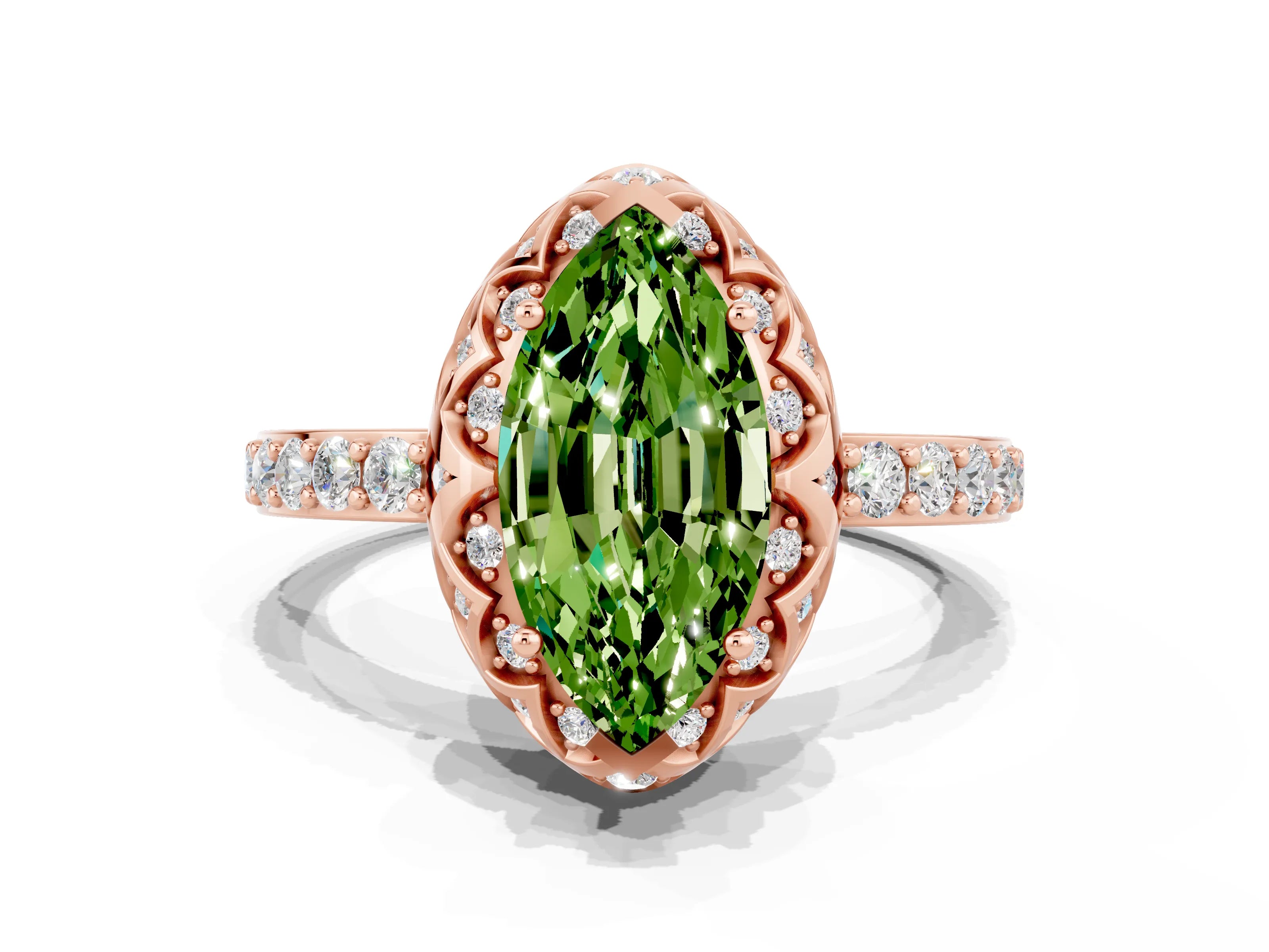 Rose gold Marquise Cut Diamond Solitaire Ring with Shared Prong Pavé Band