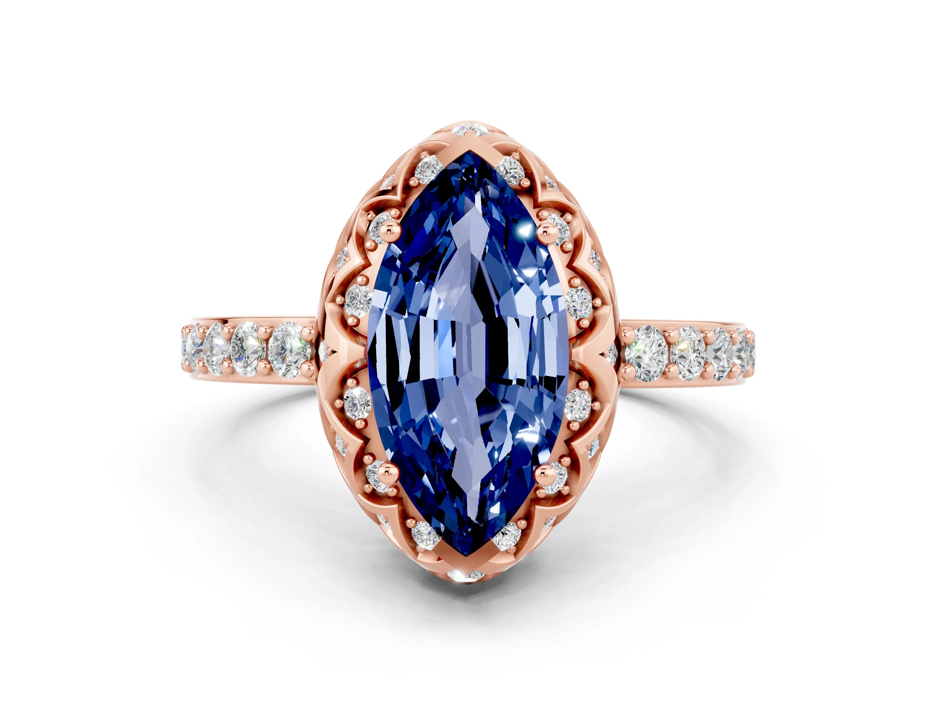 Rose gold Marquise Cut Diamond Solitaire Ring with Shared Prong Pavé Band