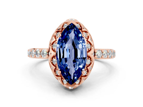 Rose gold Marquise Cut Diamond Solitaire Ring with Shared Prong Pavé Band