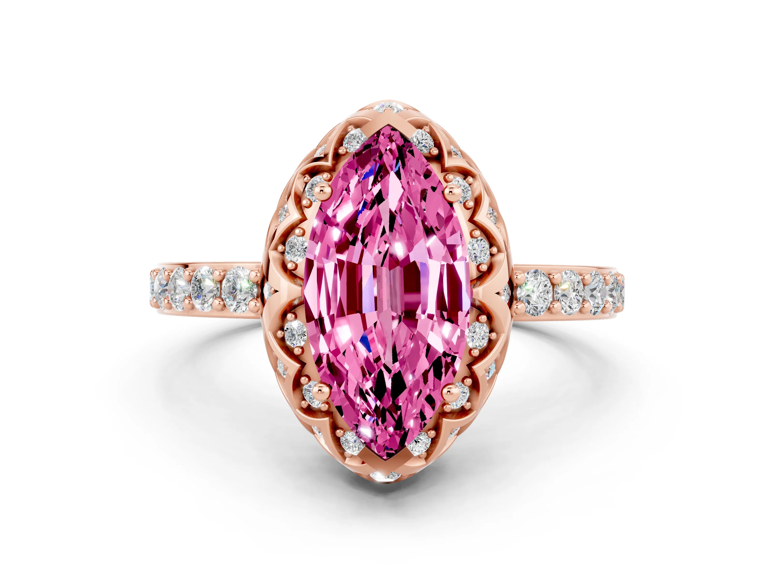 Rose gold Marquise Cut Diamond Solitaire Ring with Shared Prong Pavé Band