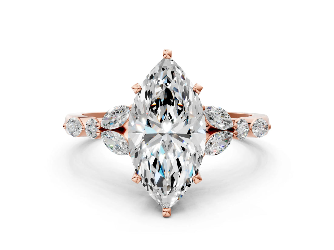 Rose gold Marquise Cut Diamond Solitaire Ring with Side Stones and Four-Prong Setting_78