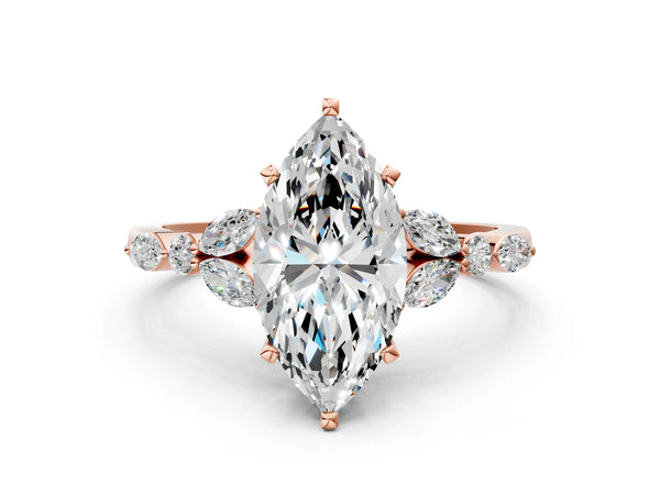Rose gold Marquise Cut Diamond Solitaire Ring with Side Stones and Four-Prong Setting