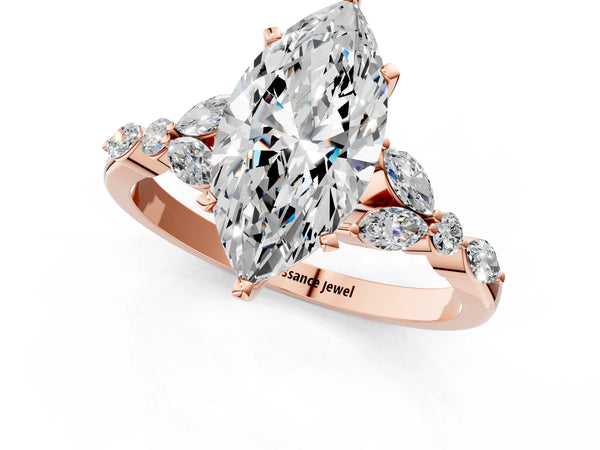 Rose gold Marquise Cut Diamond Solitaire Ring with Side Stones and Four-Prong Setting