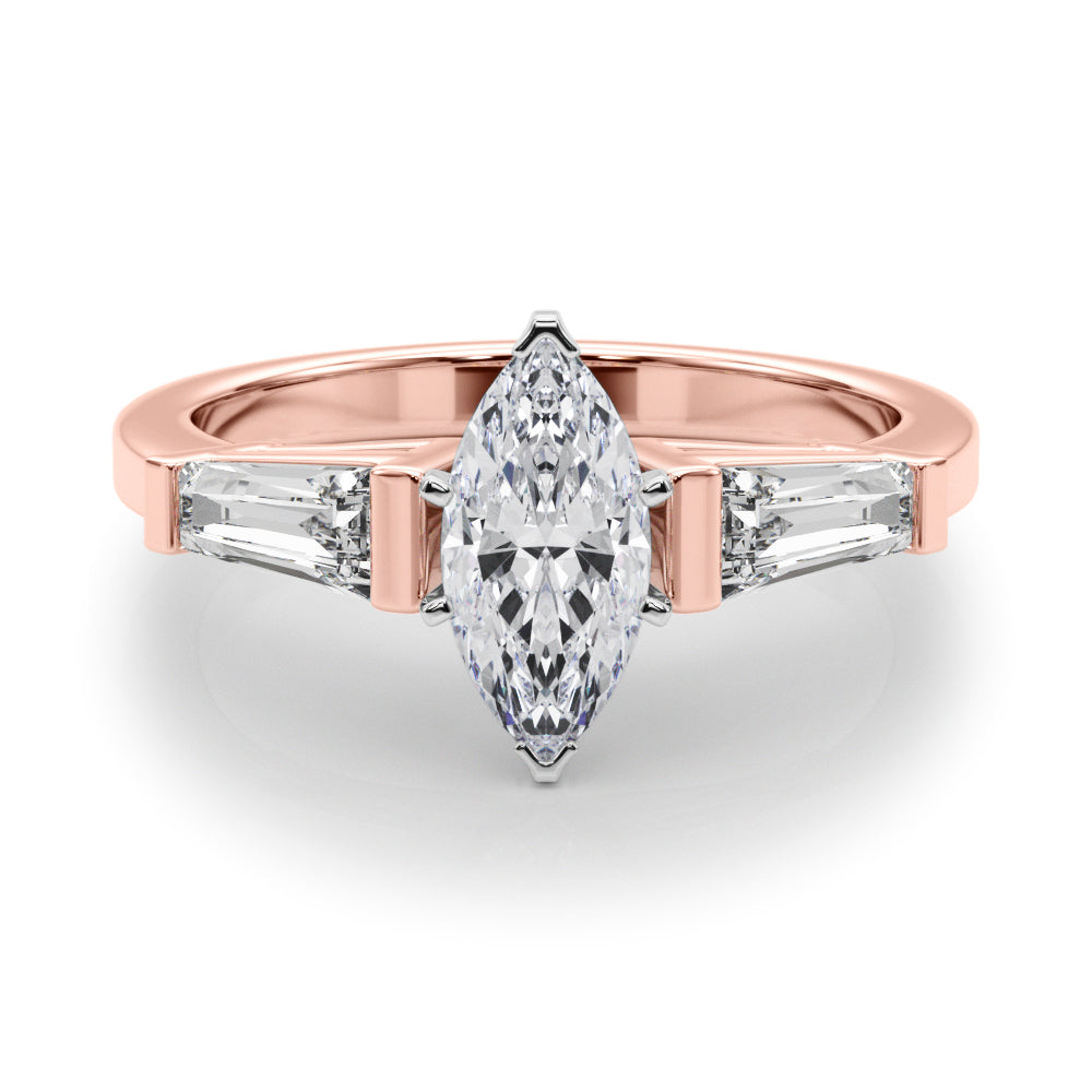 Rose gold Marquise Cut Diamond Solitaire Ring with Tapered Baguette Accents and Four-Prong Setting 1