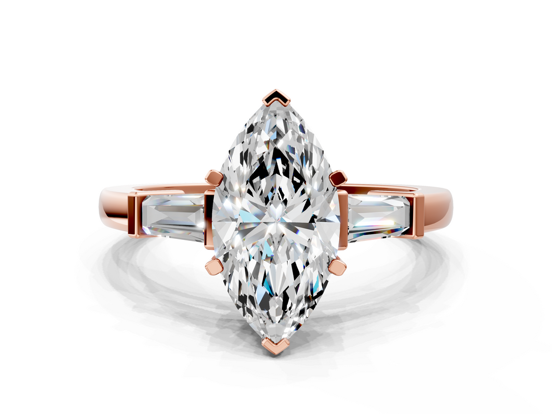 Rose gold Marquise Cut Diamond Solitaire Ring with Tapered Baguette Accents and Four-Prong Setting_115